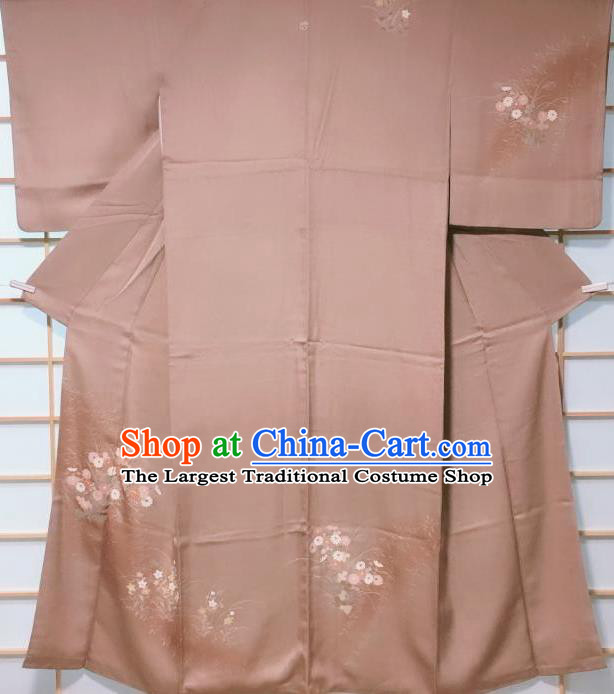 Traditional Japanese Light Brown Tsukesage Kimono Japan Classical Daisy Pattern Yukata Dress Costume for Women