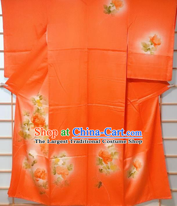 Traditional Japanese Orange Tsukesage Kimono Japan Classical Peony Pattern Yukata Dress Costume for Women