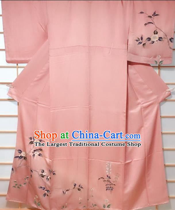 Traditional Japanese Pink Silk Tsukesage Kimono Japan Classical Camellia Pattern Yukata Dress Costume for Women