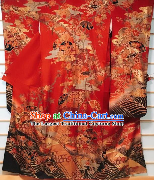 Traditional Japanese Embroidered Red Furisode Kimono Japan Classical Waves Pattern Yukata Dress Costume for Women