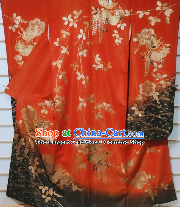 Traditional Japanese Red Furisode Kimono Japan Classical Butterfly Pattern Yukata Dress Costume for Women