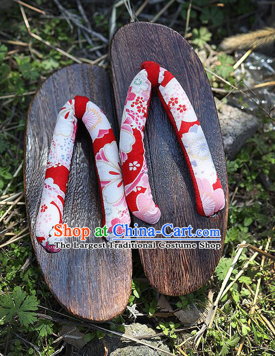 Traditional Japanese Sakura Pattern Red Geta Slippers Asian Japan Clogs Shoes for Women