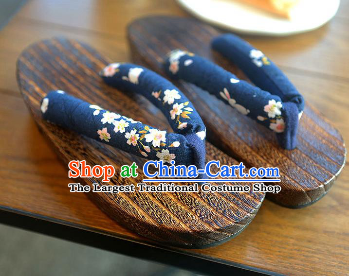 Traditional Japanese Sakura Pattern Deep Blue Geta Slippers Asian Japan Clogs Shoes for Women