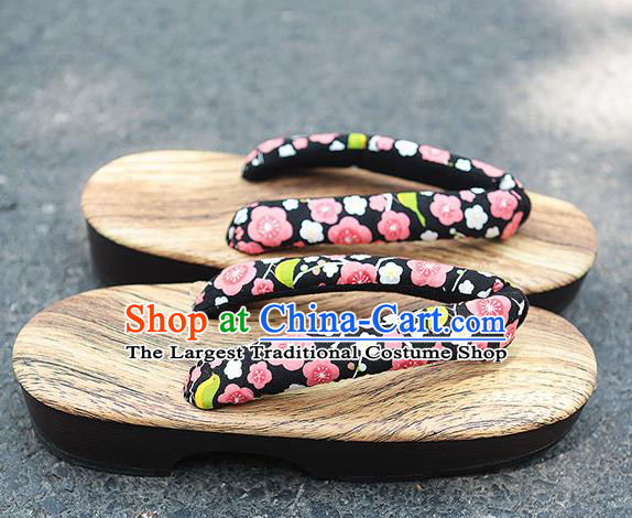 Traditional Japanese Plum Blossom Pattern Black Zori Geta Slippers Asian Japan Clogs Shoes for Women