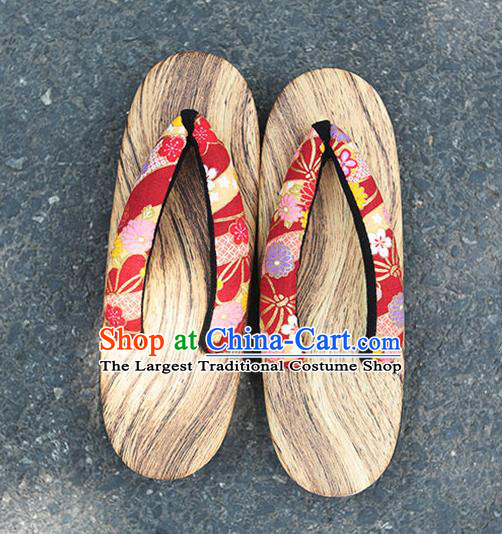 Traditional Japanese Chrysanthemum Sakura Pattern Red Zori Geta Slippers Asian Japan Clogs Shoes for Women