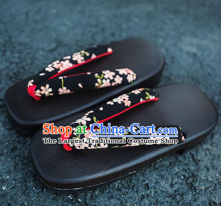 Traditional Japanese Sakura Pattern Black Slippers Geta Asian Japan Clogs Zori Shoes for Women