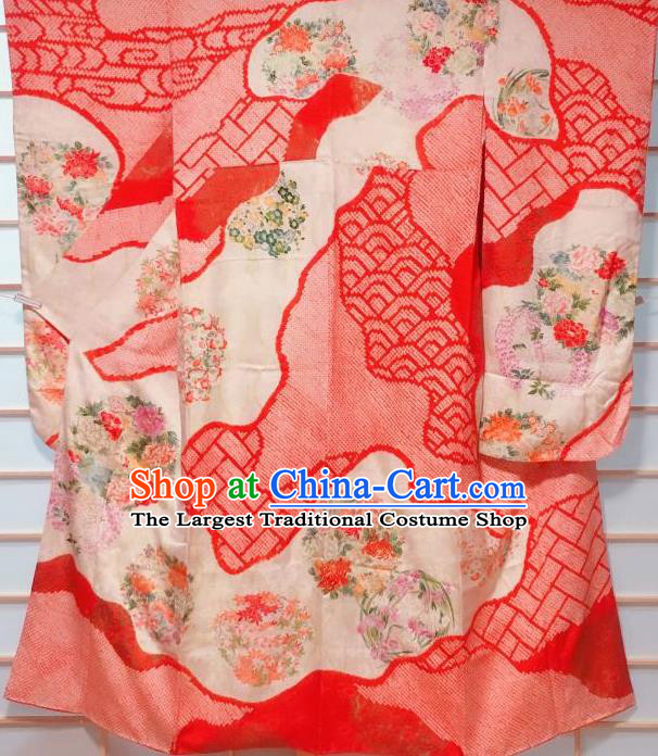 Traditional Japanese Orange Furisode Kimono Japan Classical Peony Pattern Yukata Dress Costume for Women