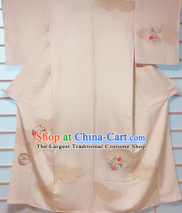 Traditional Japanese Beige Embroidered Tsukesage Kimono Japan Classical Chrysanthemum Pattern Yukata Dress Costume for Women