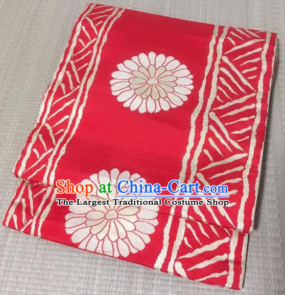 Japanese Nagoya Traditional Chrysanthemum Pattern Red Brocade Waistband Japan Kimono Yukata Belt for Women