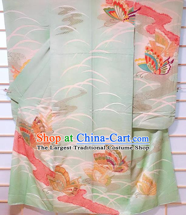 Traditional Japanese Light Green Furisode Kimono Japan Classical Butterfly Pattern Yukata Dress Costume for Women