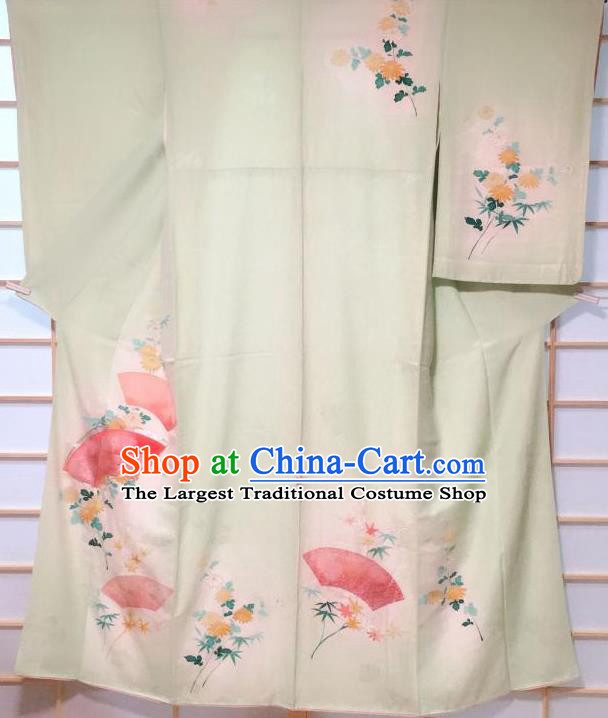 Traditional Japanese Light Green Tsukesage Kimono Japan Classical Chrysanthemum Fan Pattern Yukata Dress Costume for Women