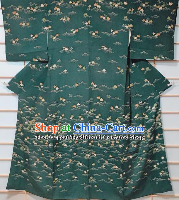 Traditional Japanese Deep Green Tsukesage Kimono Japan Classical Maple Leaf Pattern Yukata Dress Costume for Women