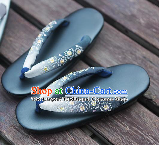 Traditional Japanese Classical Embroidered Navy Flip Flops Slippers Zori Geta Asian Japan Clogs Shoes for Women