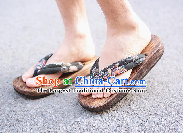 Traditional Japanese Kylin Pattern Black Geta Slippers Asian Japan Clogs Shoes for Men