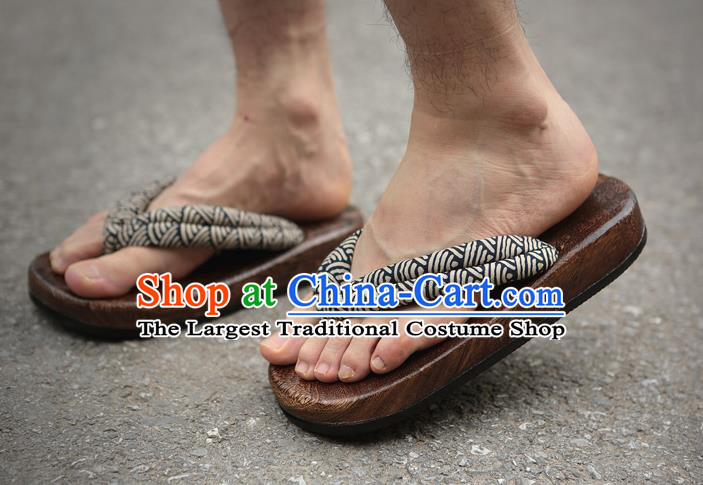 Traditional Japanese Wave Pattern Black Geta Slippers Asian Japan Clogs Shoes for Men