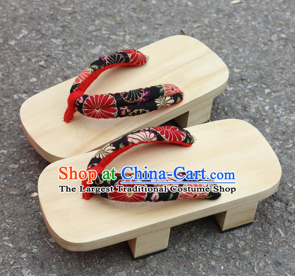 Traditional Japanese Classical Chrysanthemum Pattern Black Bidentate Clogs Flip Flops Slippers Asian Japan Geta Shoes for Women