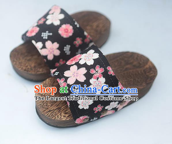 Japanese Traditional Sakura Pattern Black Clogs Wood Slippers Asian Japan Geta Shoes for Women