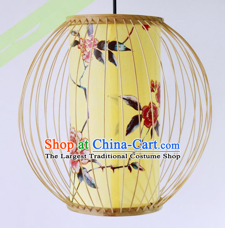 Traditional Chinese Bamboo Art Printing Peony Yellow Hanging Lanterns Handmade Lantern Scaldfish Lamp