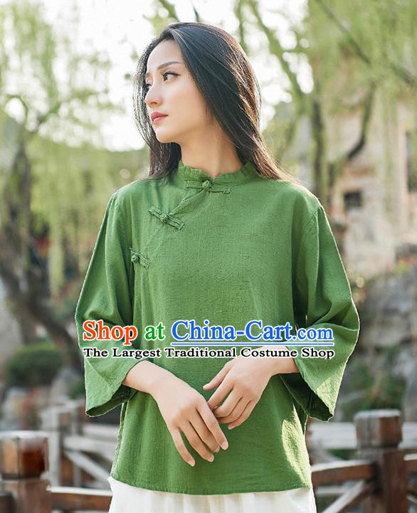 Traditional Chinese Tang Suit Green Flax Slant Opening Shirt Li Ziqi Blouse Upper Outer Garment Costume for Women