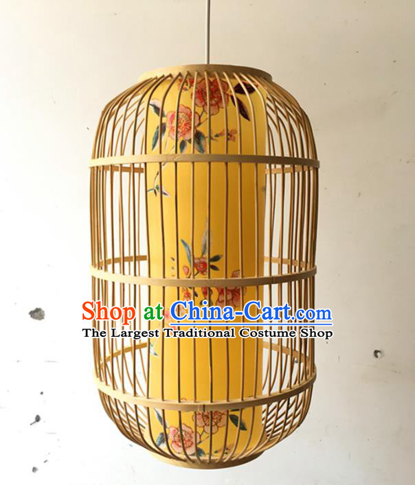 Traditional Chinese Printing Peach Blossom Yellow Hanging Lanterns Handmade Lantern Bamboo Art Scaldfish Lamp