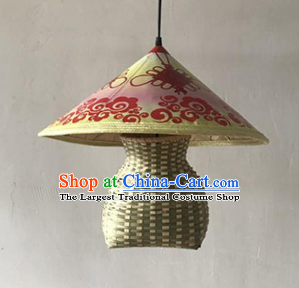 Handmade Chinese Printing Lucky Knot Straw Hat Creel Hanging Lanterns Traditional Bamboo Art Lamp