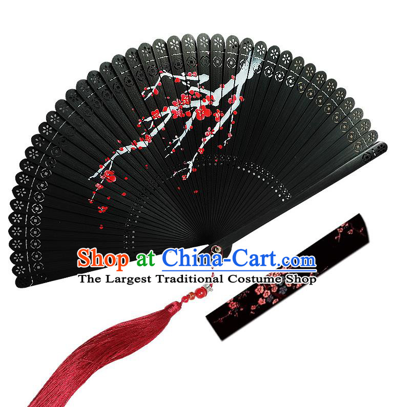 Chinese Traditional Hand Painting Plum Black Folding Fans Wood Accordion Fan