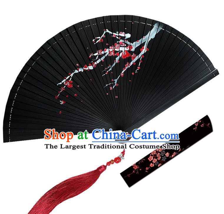 Chinese Traditional Black Folding Fans Hand Painting Plum Wood Accordion Fan