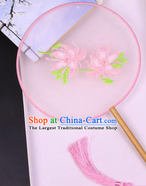 Chinese Traditional Embroidered Peony Pink Palace Fans Handmade Silk Round Fan for Women