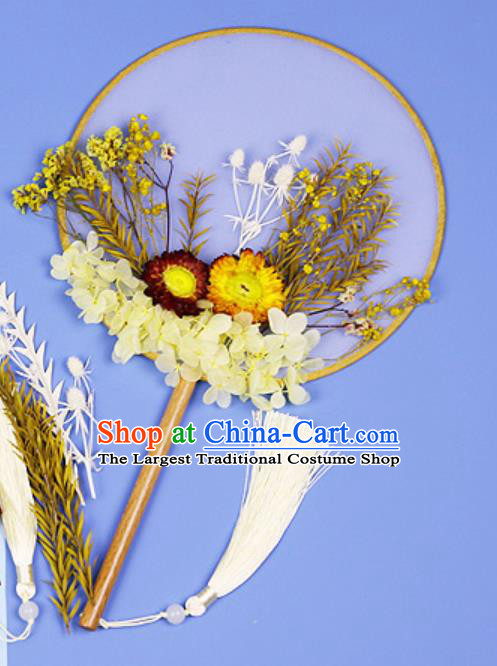 Chinese Traditional Yellow Flowers Palace Fans Handmade Round Fan for Women