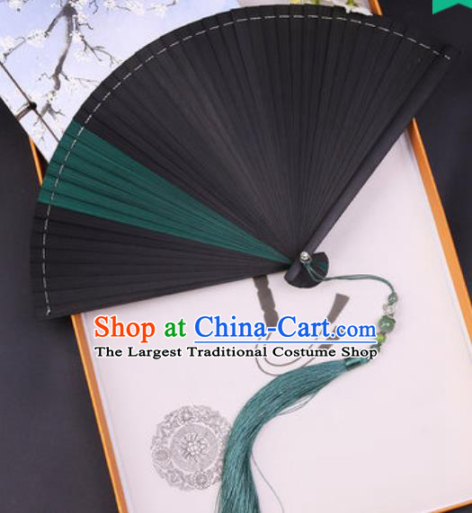 Chinese Traditional Classical Dance Black and Green Folding Fans Handmade Bamboo Accordion Fan