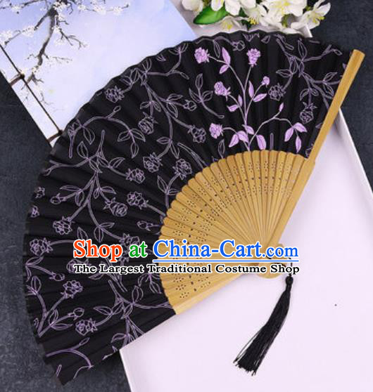 Chinese Traditional Classical Dance Printing Black Silk Folding Fans Handmade Accordion Bamboo Fan