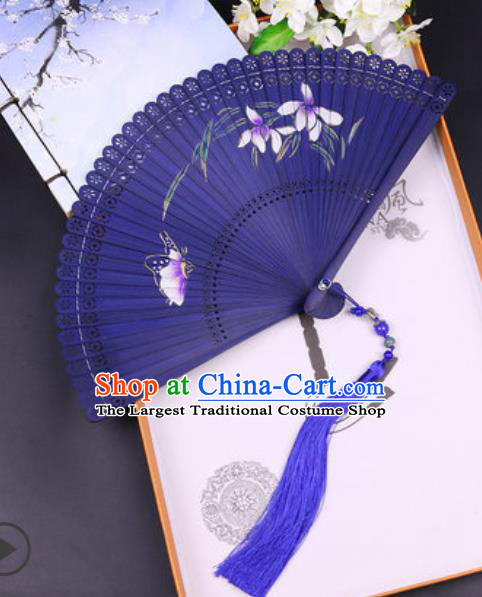 Chinese Traditional Painting Orchid Butterfly Blue Bamboo Folding Fans Handmade Accordion Classical Dance Fan