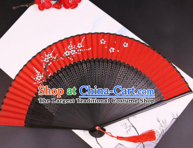 Chinese Traditional Painting White Plum Blossom Red Silk Folding Fans Handmade Accordion Classical Dance Bamboo Fan