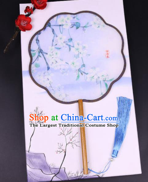 Chinese Traditional Painting Pear Flowers Blue Palace Fans Handmade Classical Dance Silk Fan for Women