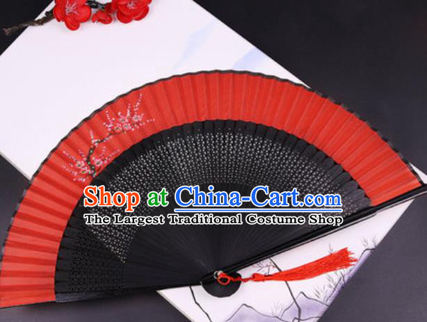 Chinese Traditional Painting Red Plum Blossom Red Silk Folding Fans Handmade Accordion Classical Dance Bamboo Fan