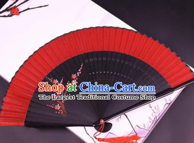 Chinese Traditional Painting Plum Blossom Red Silk Folding Fans Handmade Accordion Classical Dance Bamboo Fan