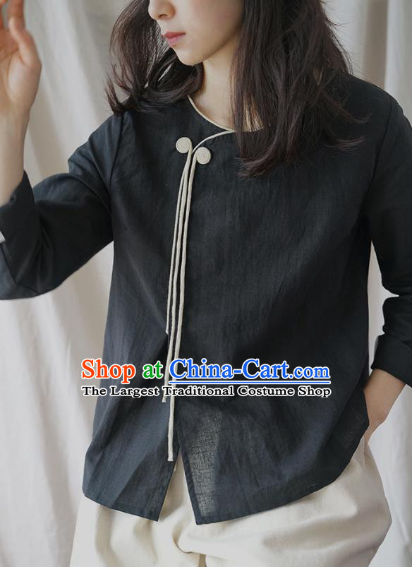 Traditional Chinese Tang Suit Black Shirt Blogger Li Ziqi Flax Blouse Costume for Women