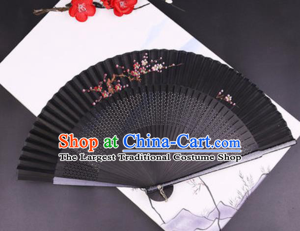 Chinese Traditional Painting Plum Black Silk Folding Fans Handmade Accordion Classical Dance Bamboo Fan