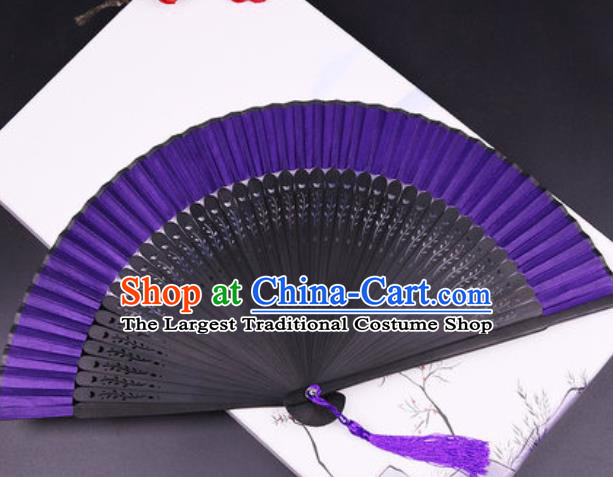 Chinese Traditional Purple Silk Folding Fans Handmade Accordion Classical Dance Bamboo Fan