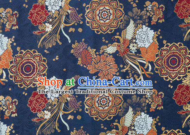 Asian Japanese Traditional Phoenix Peony Pattern Design Navy Brocade Fabric Kimono Tapestry Satin