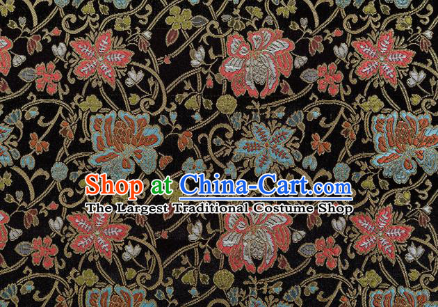 Chinese Classical Twine Lotus Pattern Design Black Brocade Fabric Asian Traditional Hanfu Satin Material