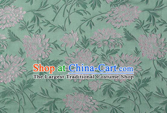 Japanese Traditional Chrysanthemum Pattern Design Green Brocade Fabric Asian Kimono Tapestry Satin