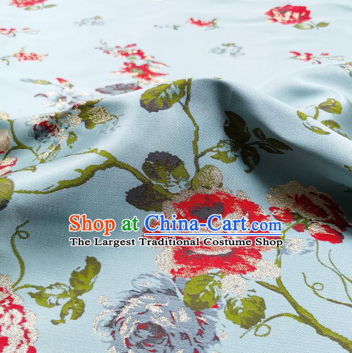 Chinese Classical Roses Pattern Design Blue Brocade Fabric Asian Traditional Hanfu Satin Material