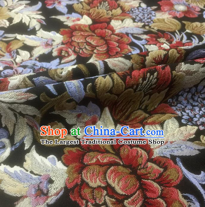 Chinese Classical Peony Flowers Pattern Design Black Brocade Fabric Asian Traditional Hanfu Satin Material