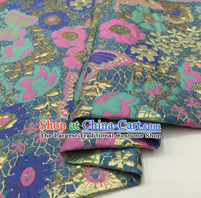 Chinese Classical Butterfly Pattern Design Blue Brocade Fabric Asian Traditional Hanfu Satin Material