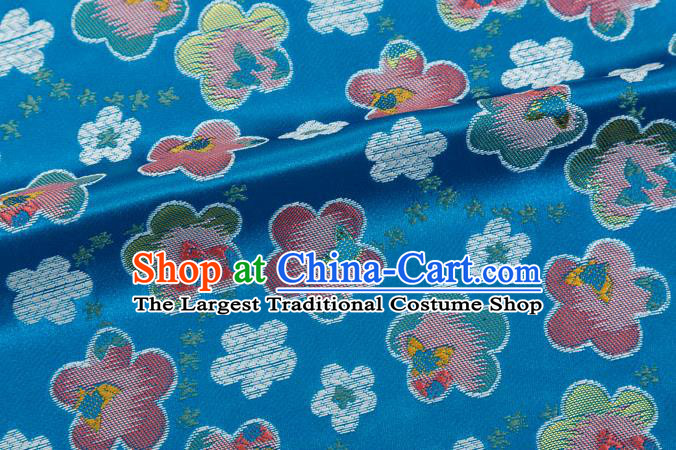 Japanese Traditional Oriental Cherry Pattern Design Blue Brocade Fabric Asian Kimono Tapestry Satin