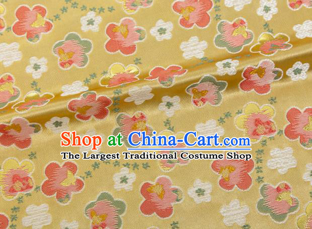 Japanese Traditional Oriental Cherry Pattern Design Yellow Brocade Fabric Asian Kimono Tapestry Satin