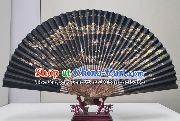 Traditional Chinese Printing West Lake Black Paper Folding Fan China Bamboo Fan Oriental Fan