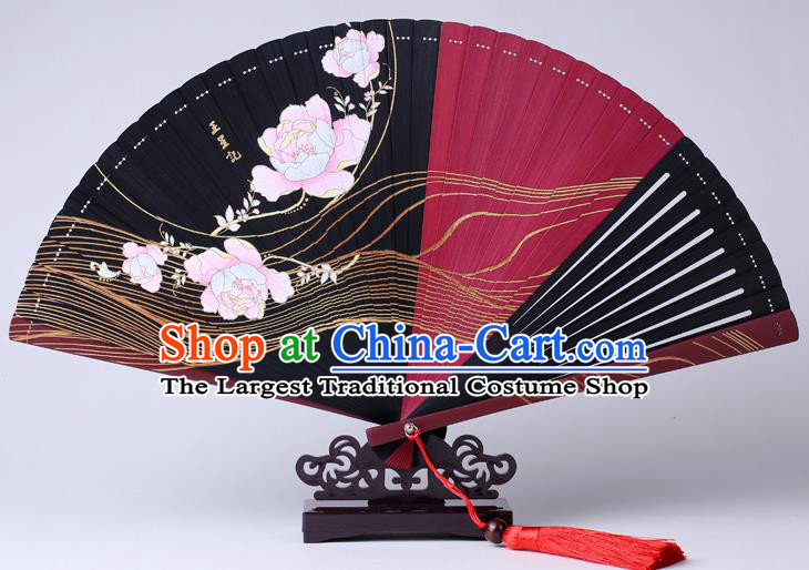 Traditional Chinese Printing Flowers Black Folding Fan China Bamboo Fan Oriental Fan