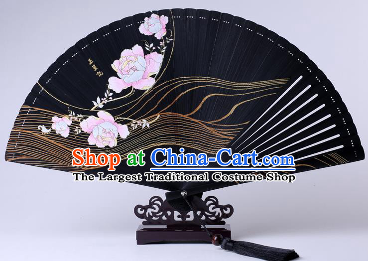 Traditional Chinese Printing Peony Flowers Black Folding Fan China Bamboo Fan Oriental Fan